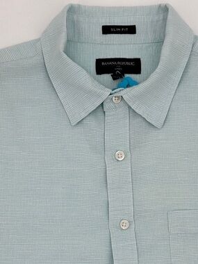 Banana Republic Linen Blend Slim Fit Short Sleeve Button Front Shirt Large Aqua
